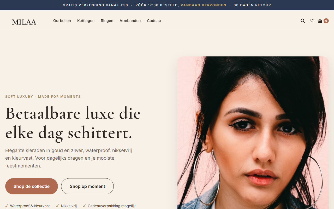 Screenshot van de website milaa.nl — webshop voor sieraden in goud en zilver