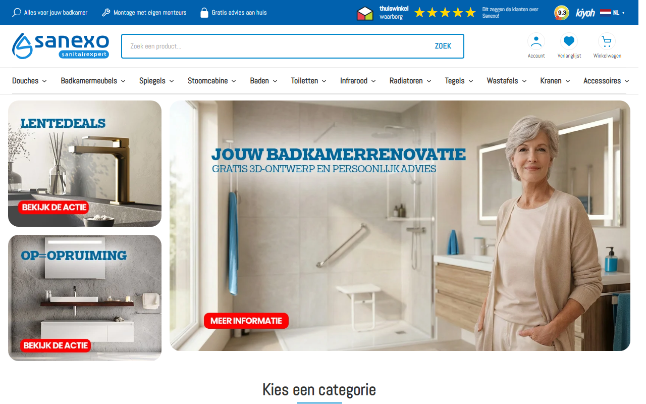 Screenshot van de website sanexo.nl — online sanitairwinkel met productcatalogus en reviews