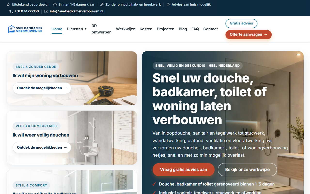 Screenshot van de website snelbadkamerverbouwen.nl — badkamer- en woningrenovatie