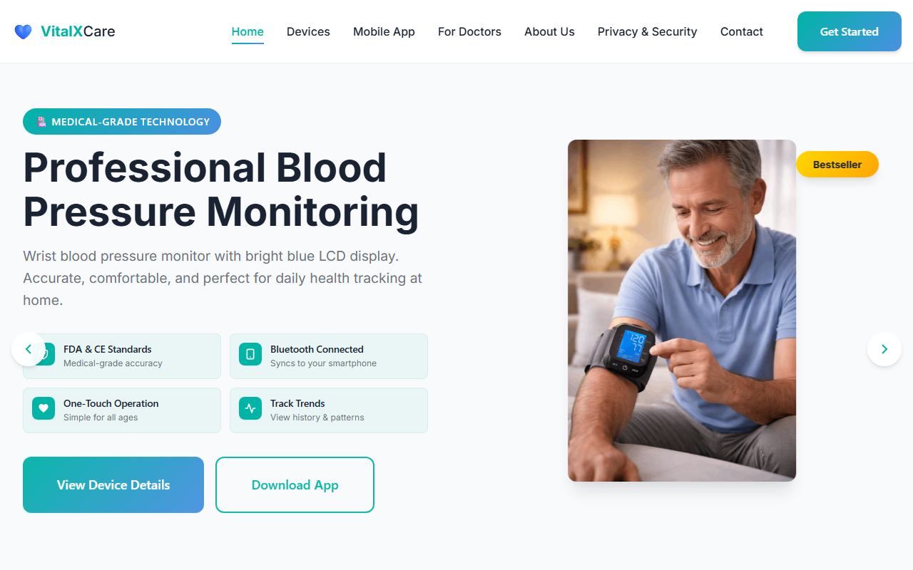 Screenshot van de website vitalxcare.com — health-tech voor thuis-bloeddrukmeting