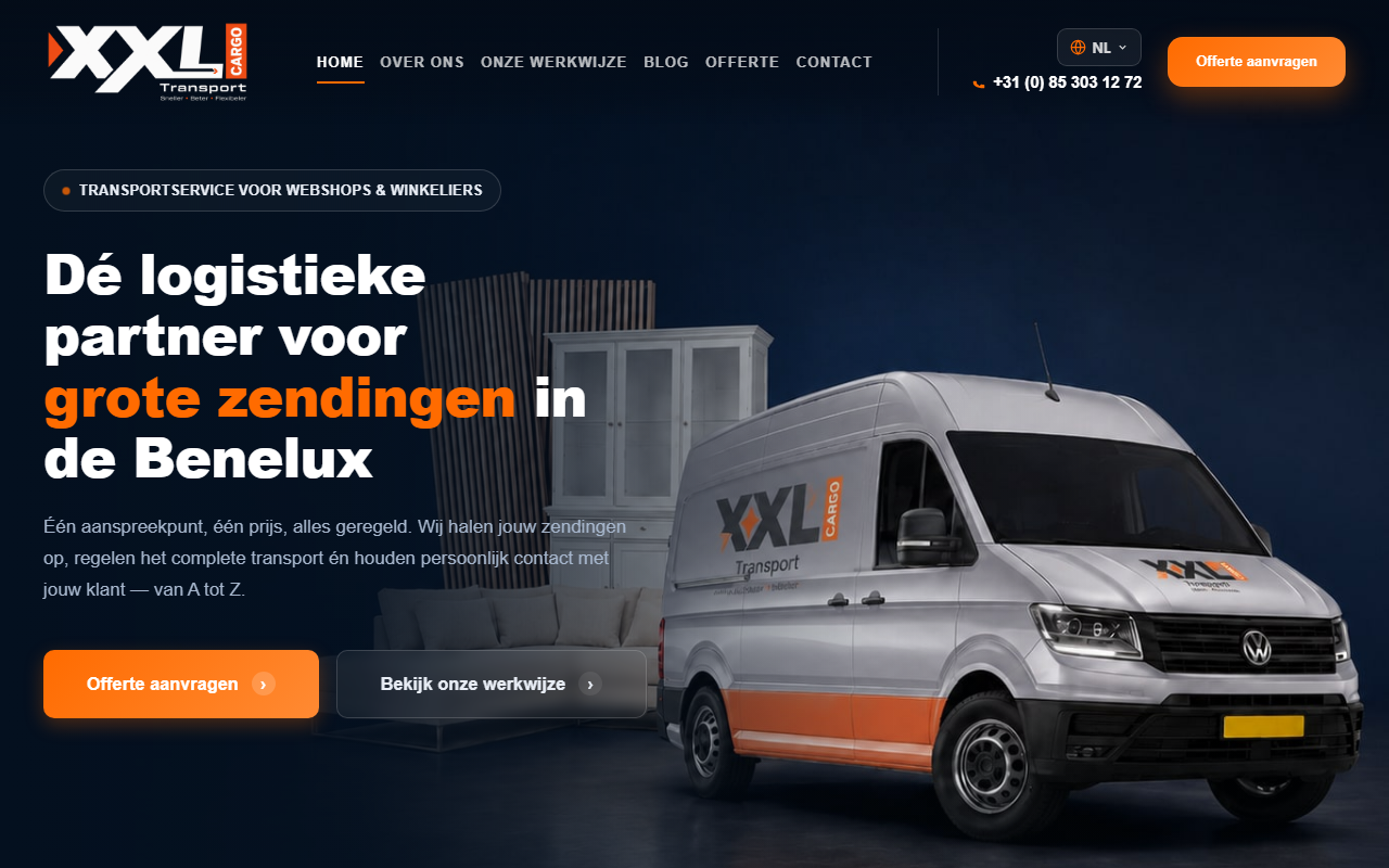 Screenshot der Website xxlcargotransport.nl — Transport und Logistik für große Sendungen in der Benelux